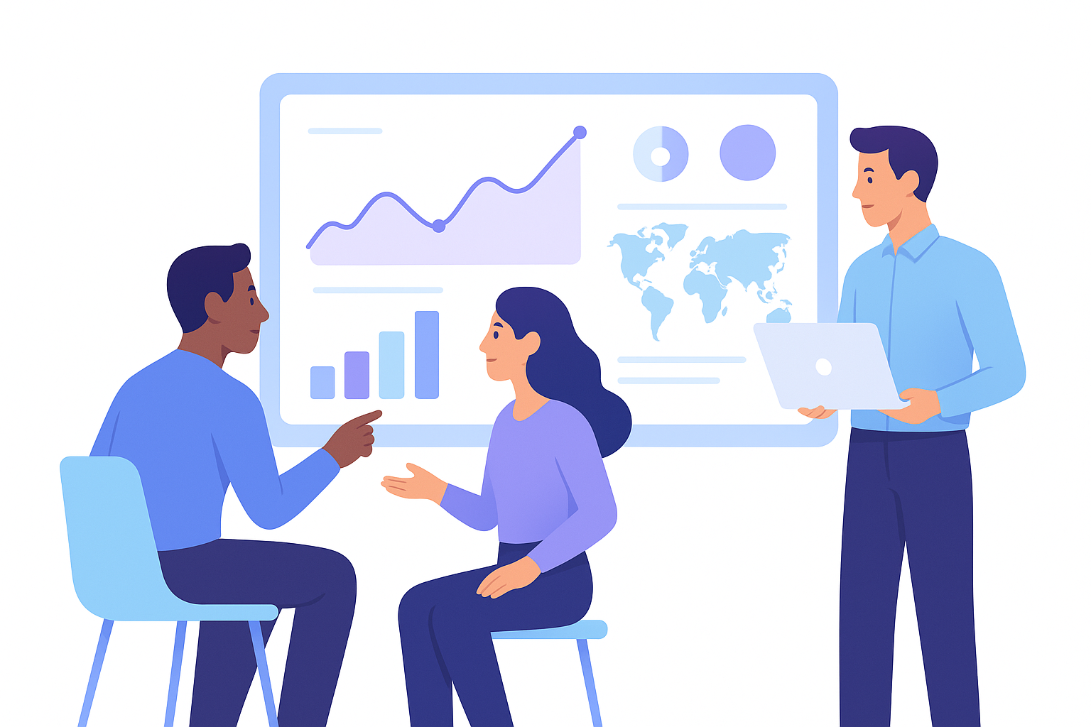 People collaborating around dashboards and maps